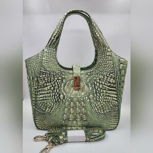 Brahmin Metallic Green Croc-Embossed Tote